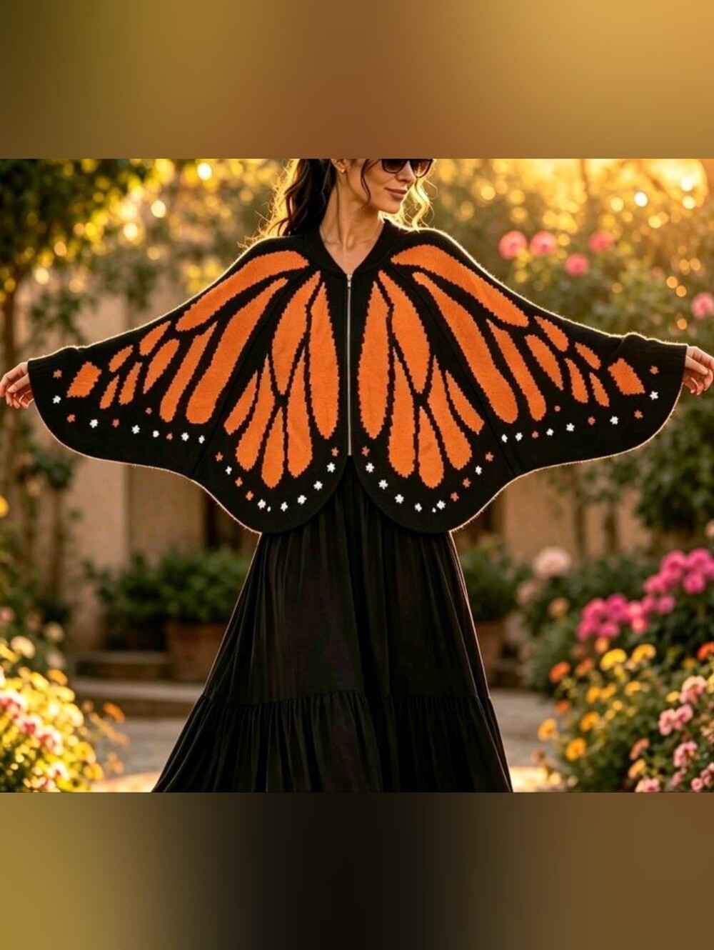 Women Halloween Butterfly Wing Pattern Zip Up Knit Cardigan, Orange Black Long